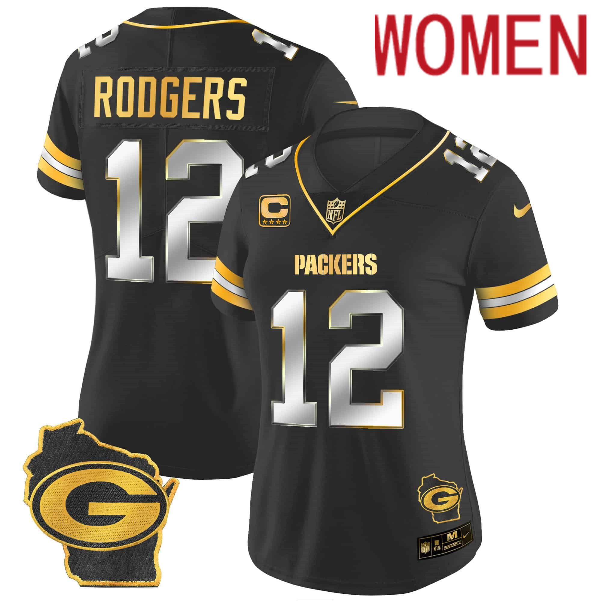 Women Green Bay Packers #12 Rodgers Black Gold 2024 Nike Home Patch Vapor NFL Jersey style 1->women nfl jersey->Women Jersey